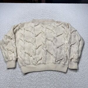 Vintage Sheleen Sweater Women Large Cream Cable Knit Pure Wool Ireland Aran 80s